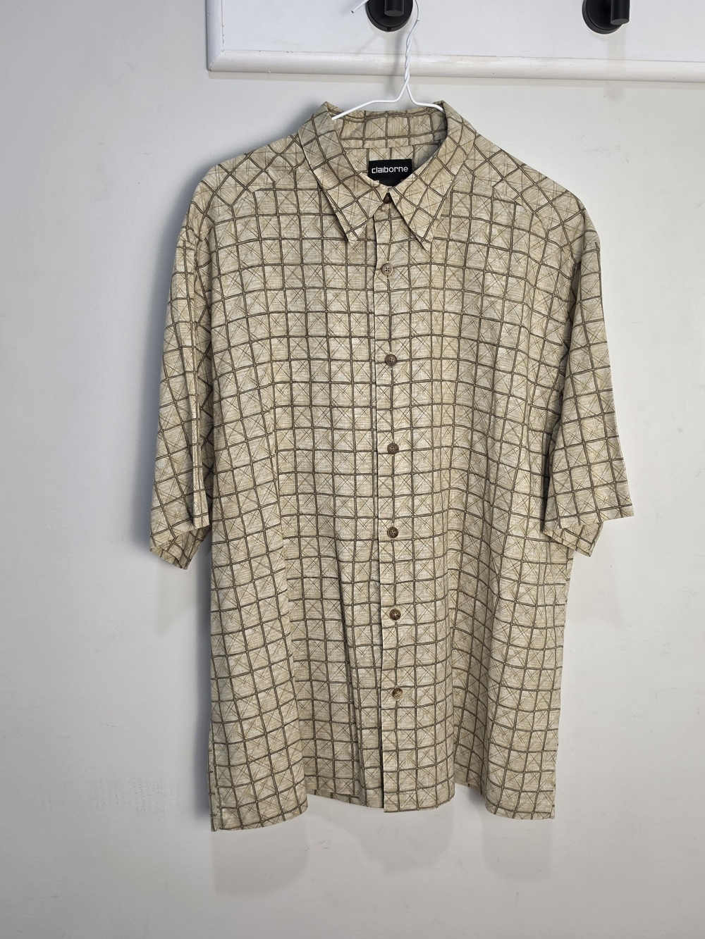 Claiborne Beige Grid-Pattern Short-Sleeve Button Shirt